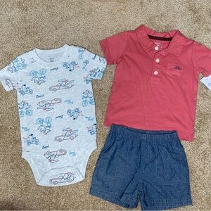 Carters 12 months baby boy outfit 3 piece set polo shirt chambray shorts NWT